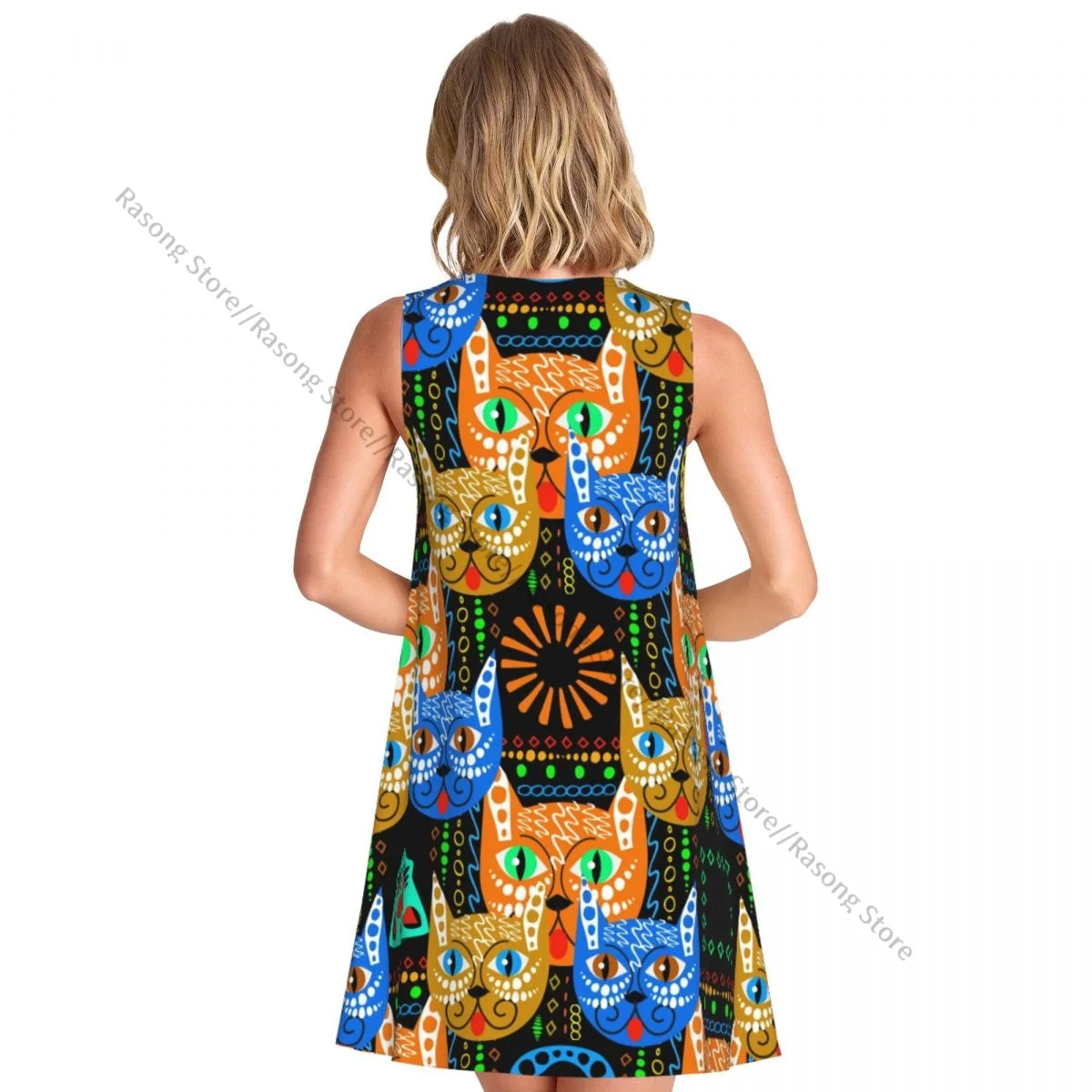 ชุดสตรีฤดูร้อน Casual T เสื้อชุดชายหาดสีสัน Tribal Ethnic แมวชุดถัง