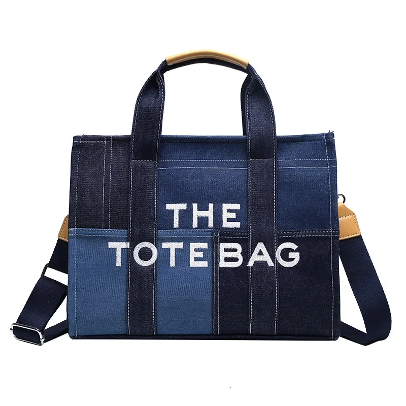 

New Denim Two Size Splicing Handbag for Women Portable Tote Bag Niche Retro Embroidered Messenger Bag