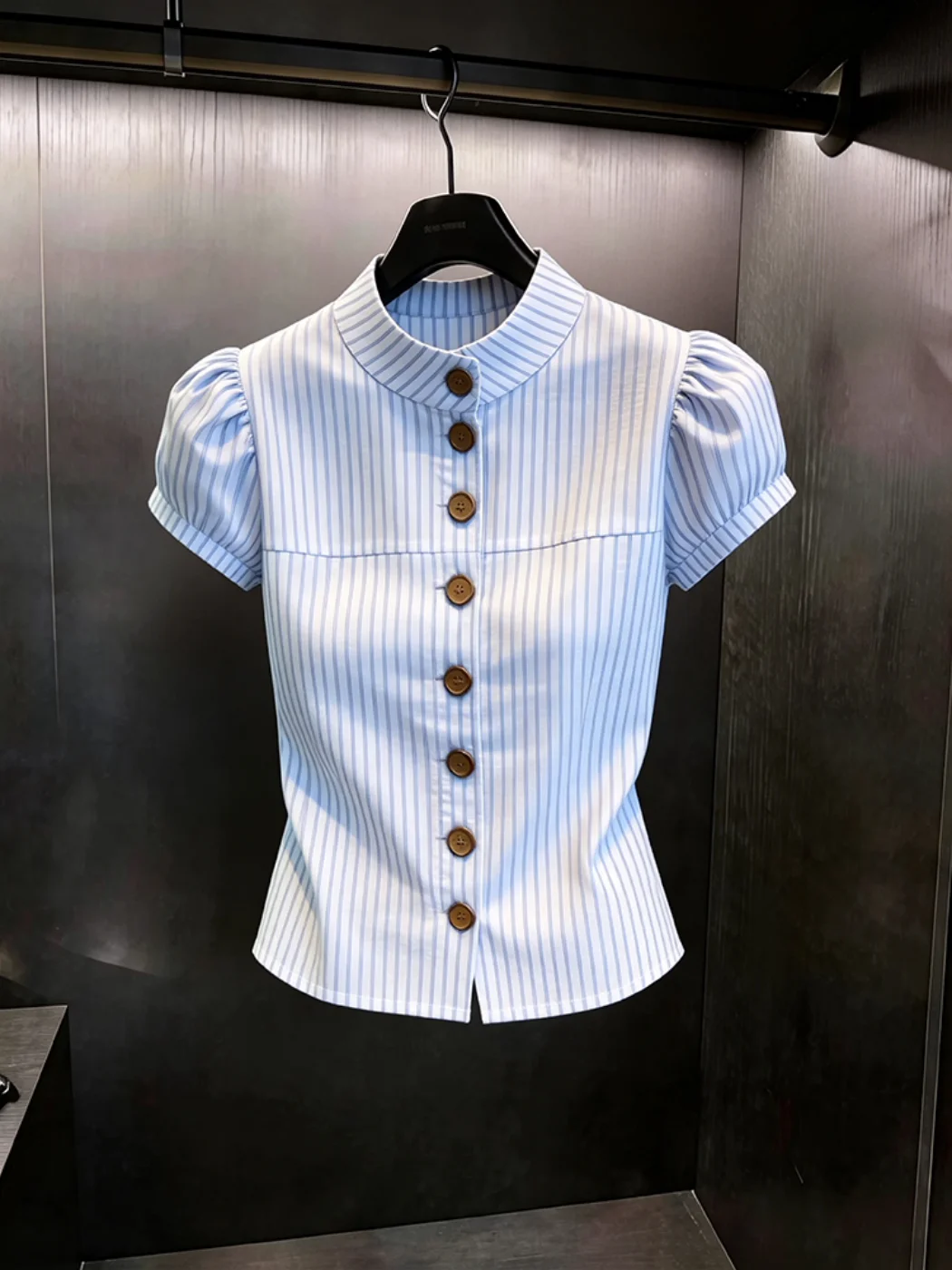 

Slim Fit Striped Short Sleeve Women's Shirt Color Block French Style Breathable Skin-Friendly Fashionable Commute Top