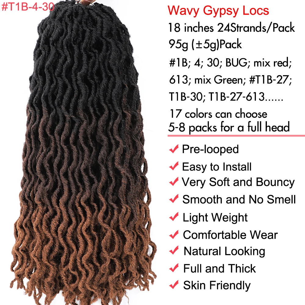 18 Inch Goddess Faux locs Crochet Hair 1- 6 Packs Soft Gypsy Locs Wavy Crochet Braids Dreadlocks 3 Tone Curly Wavy Twists Hair