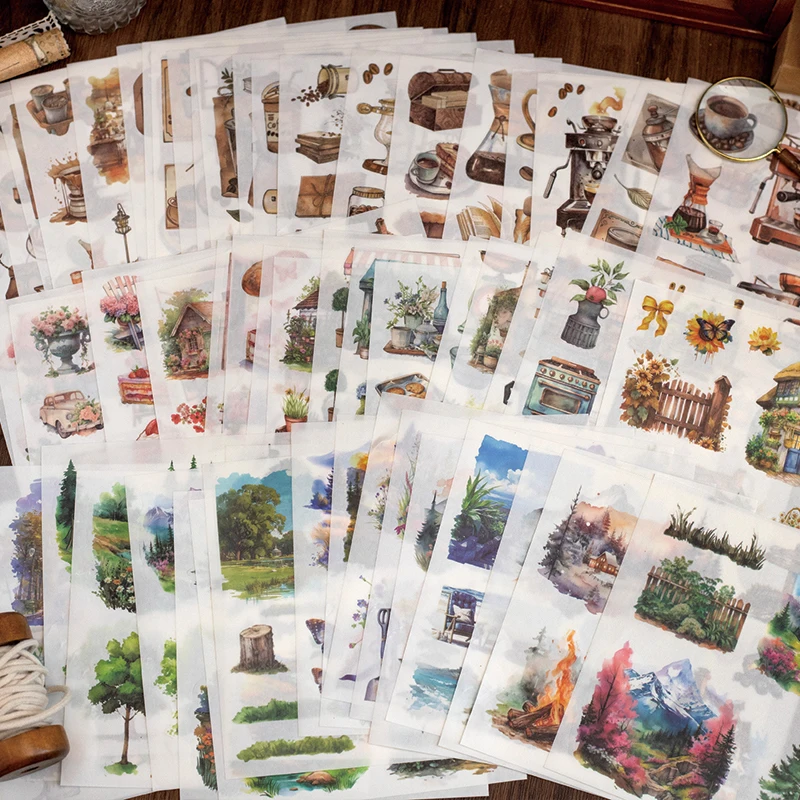 Mr Paper 50Pcs/book Japanese paper die-cut sticker book retro landscape characters cabin forest coffee DIY handbook scene image 3