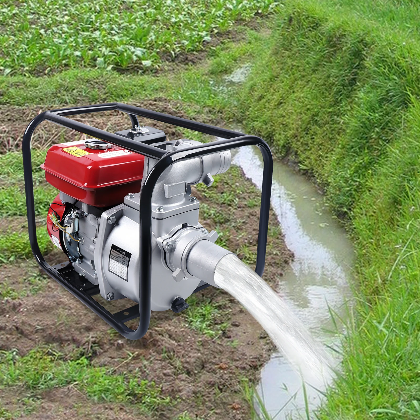 4-stroke Single-cylinder Gasoline Agricultural Water Pump 196cc W/ Forced Air-cooling System for Irrigation & Sewage Discharge