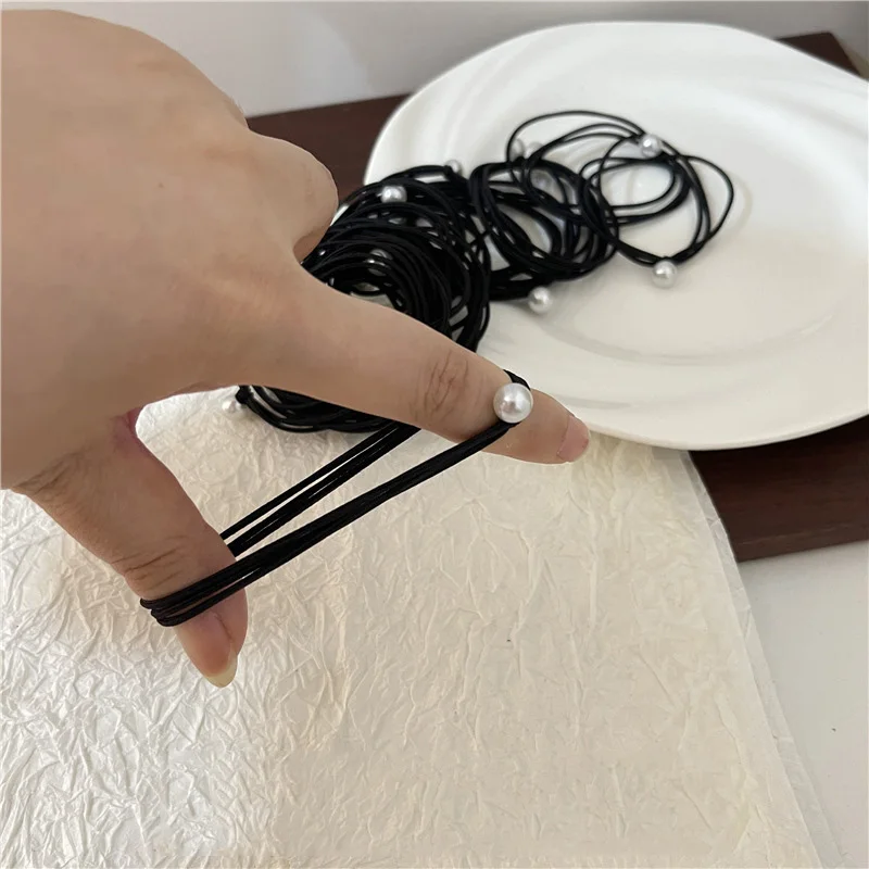 10pcs Simple Fashion Pearl Hair Bands Black Rubber Women Ponytail Holder Three Layer Hair Ties Elastic Scrunchies