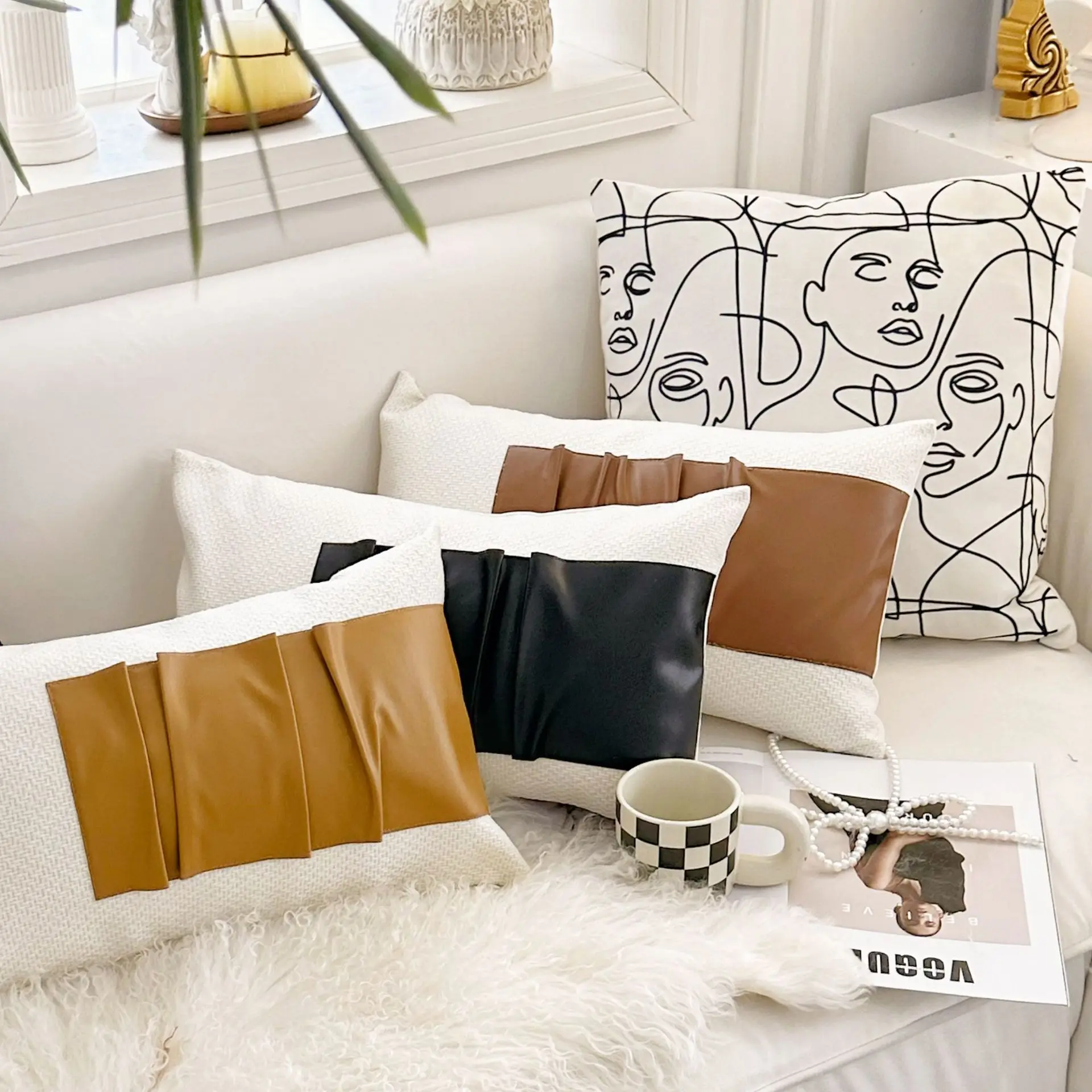 Light Luxury Sofa Pu Leather Beige cushion cover pleated  black brown yellow Leather Pillowcase backrest