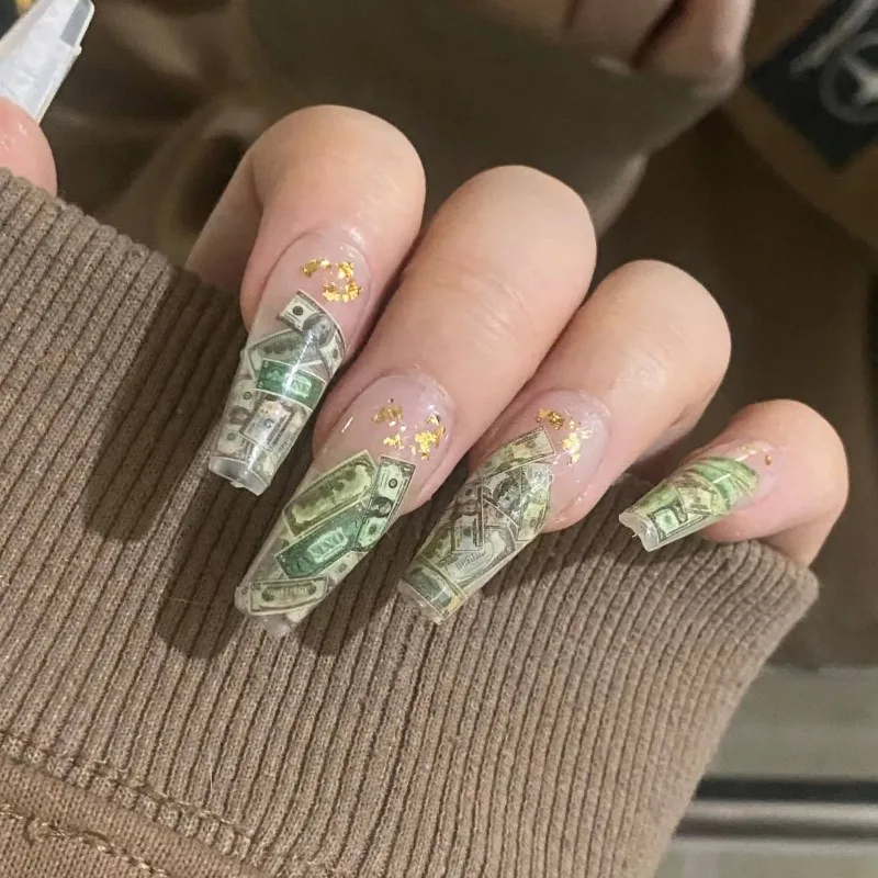 False Nails Dollar Banknote Press-on Nails Manicure Patches Full Cover Reusable Fake Nail Women and Spicy Girls Decoration Gift