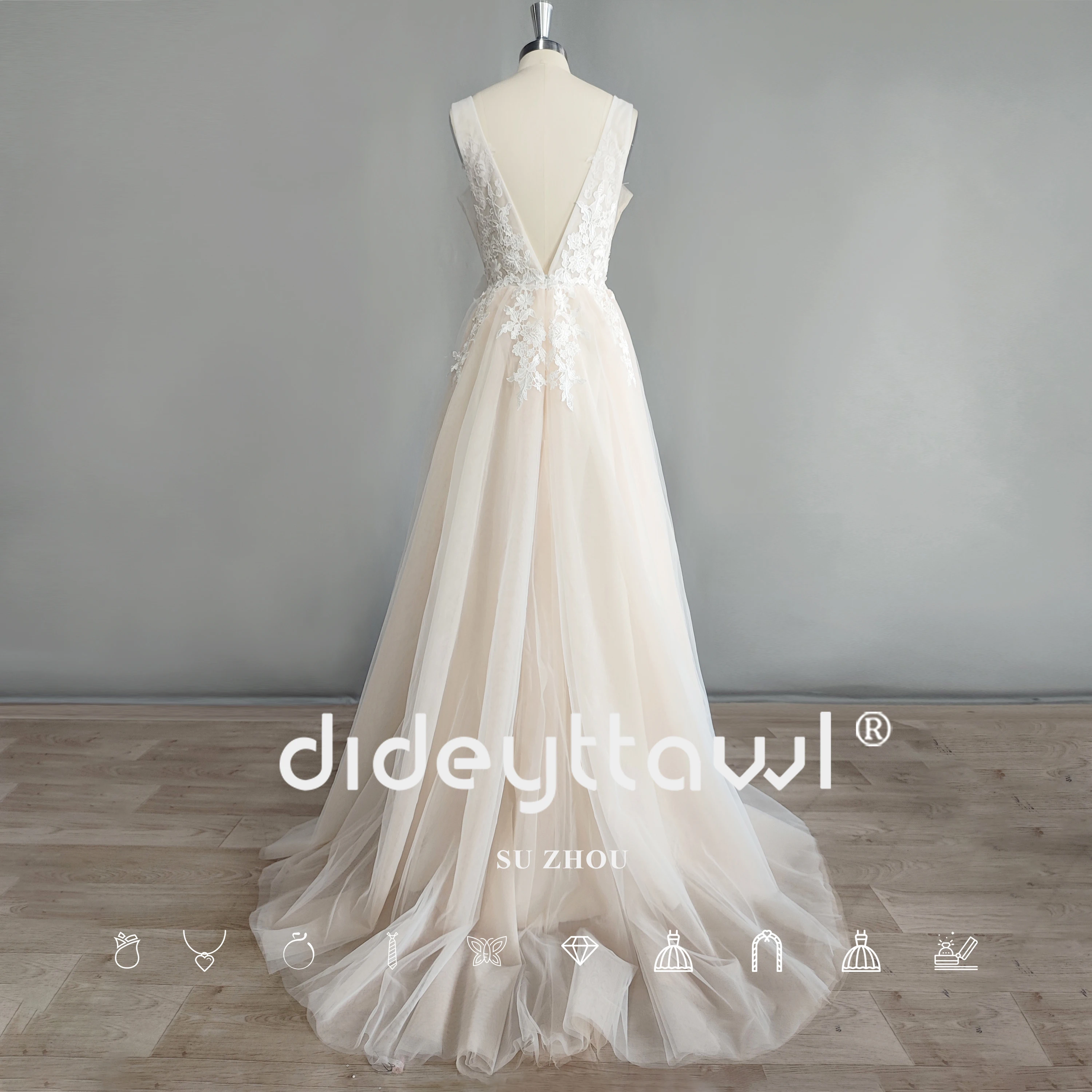 DIDEYTTAWL Real Photo Bow Lace Applique Sleeveless Tulle Boho Bridal Gown Deep V Neck Backless Sweep Train Wedding Dress 2023