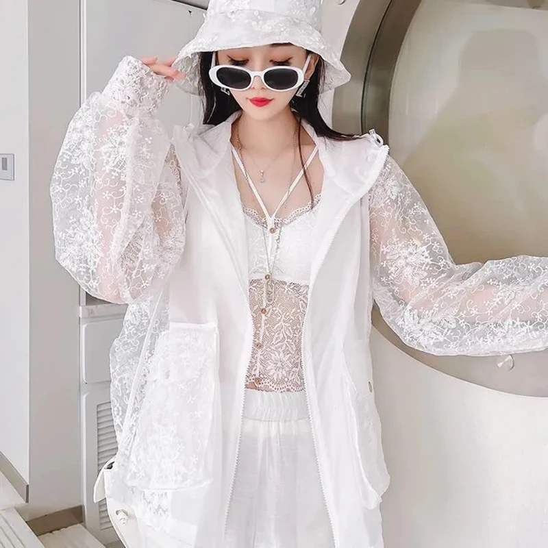 

Women's Sun Protection Clothing Summer Thin See Through Coats 2024 Fashion Hooded Oversized Outwear Tops Ladies Anti-UV Coat