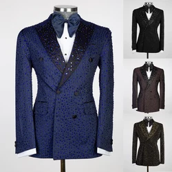 Sparkly Men Wedding Suits Peaked Lapel Tuxedos Beads Crystal 2 Pcs (Blazer+Pants) Prom Evening Party Custom Made