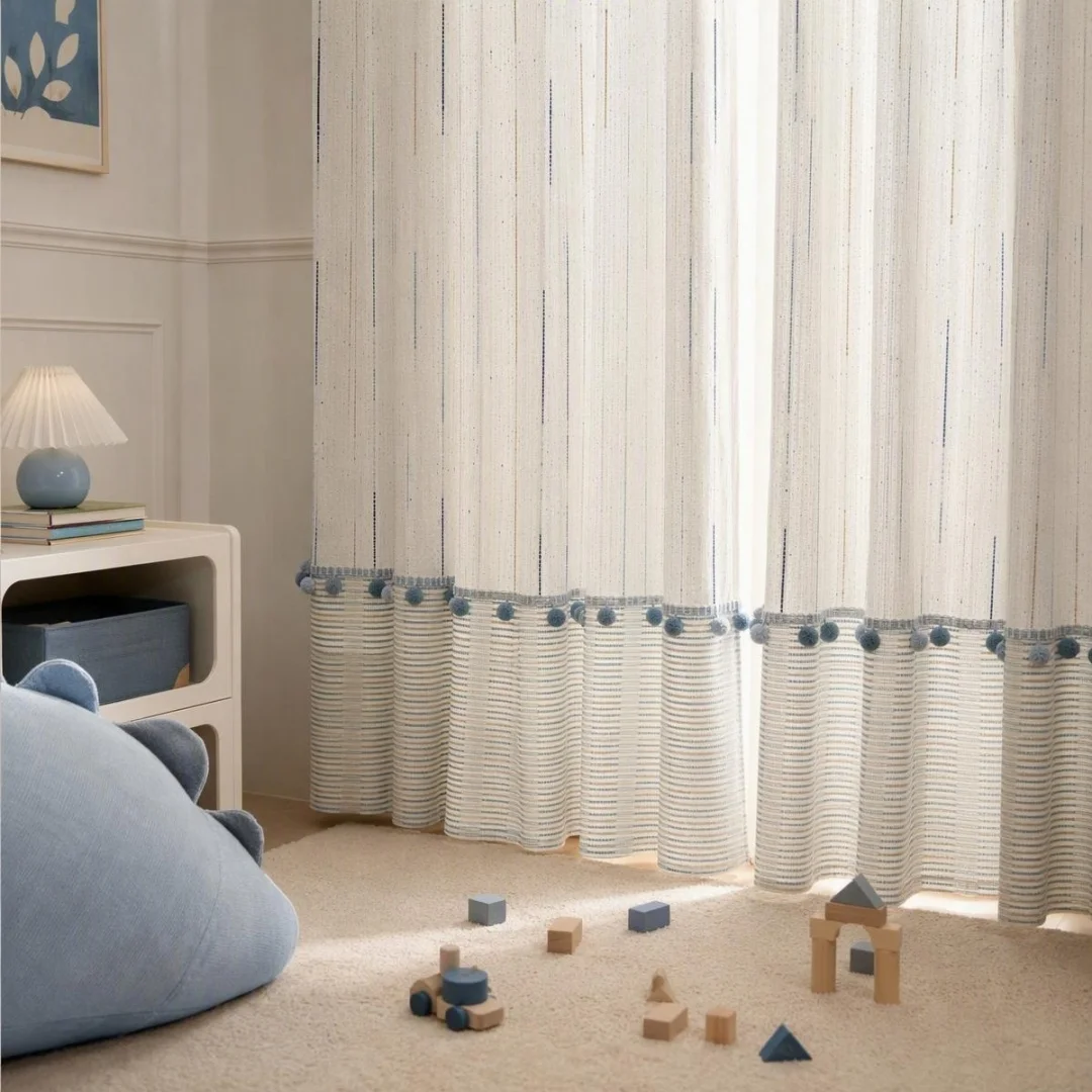 Boho Striped Curtain with Blue Pom‑pom Tassels,Textured Woven Drapes,Farmhouse Window Curtains for Bedroom Nursery Home Decor