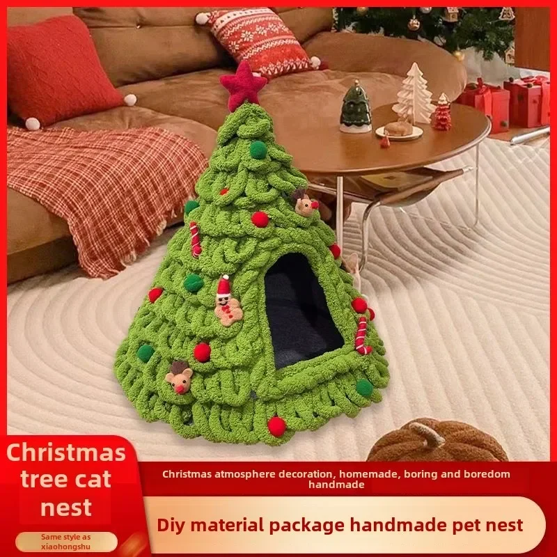 Christmas Tree Weaving Cat Nest Handmade DIY Material Package Knitting Wool Warm Closed Safety Kitten Bed Pet Dog Tent Houses