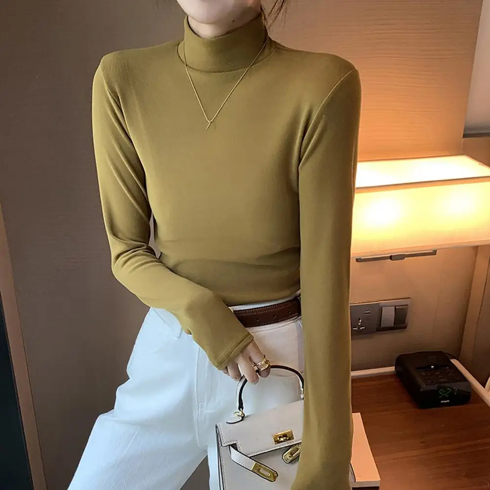 

Women Long-sleeve Top Women's Fall Winter Half-high Collar Velvet Pullover Blouse Thick Warm Slim Fit Soft Stretchy T-shirt