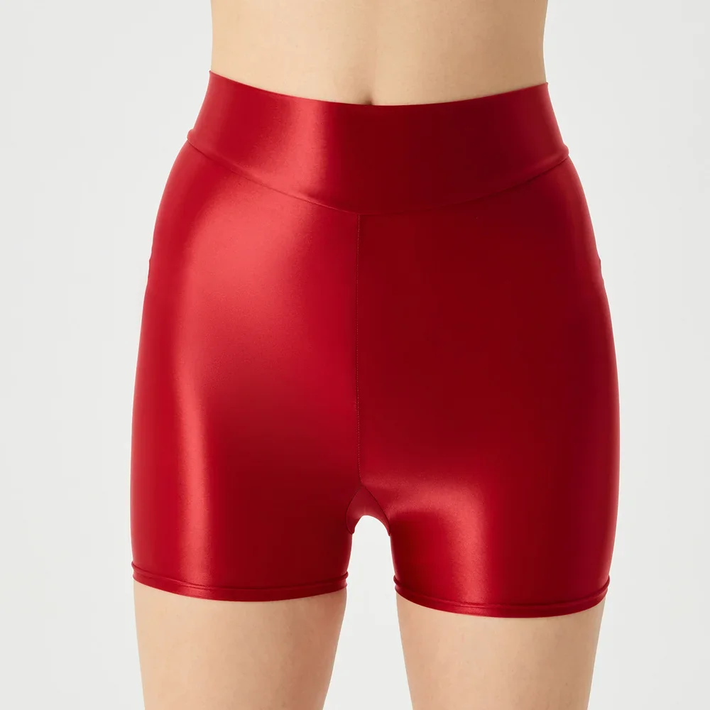 Эластичные шорты с высокой талией, атласное глянцевое нижнее белье для спортзала, женские шорты для фитнеса, женские леггинсы для йоги, маслянистые боксерские, безопасные, удобные