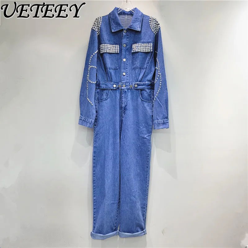 

Spring Autumn New Long Sleeve Jumpsuit Women's High-Grade Pocket Beaded Overall Waist Slimming Washed Denim Jumpsuits