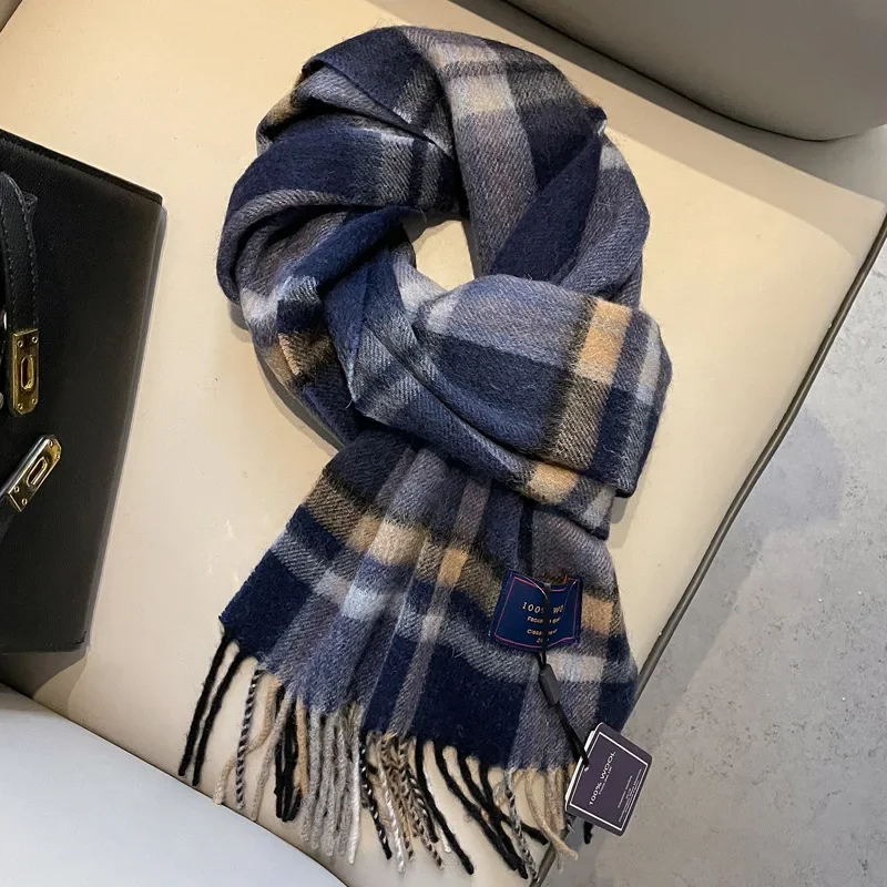 Fashion Classic 100% Wool Plaid Red Scarf Women Couples Autumn Winter Warm Cashmere Thermal Soft Muffler Female Long Wraps Men