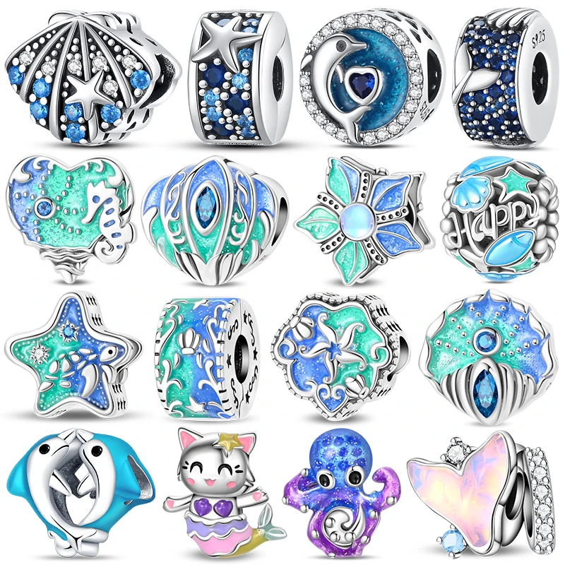Ocean Sea Charm Beads Dolphin Starfish Octopus Mermaid Tail Charms Fit 3mm Bracelet Necklace For Women Luxury DIY Jewelry Making