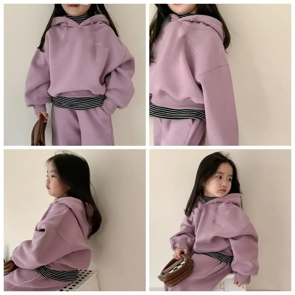 

Boys Girls Casual Set Plus Velvet Thick Kids Warm Outfits 2025 Winter New Children Fleece Hooded Sweatshirt + Pants 2pcs Suit