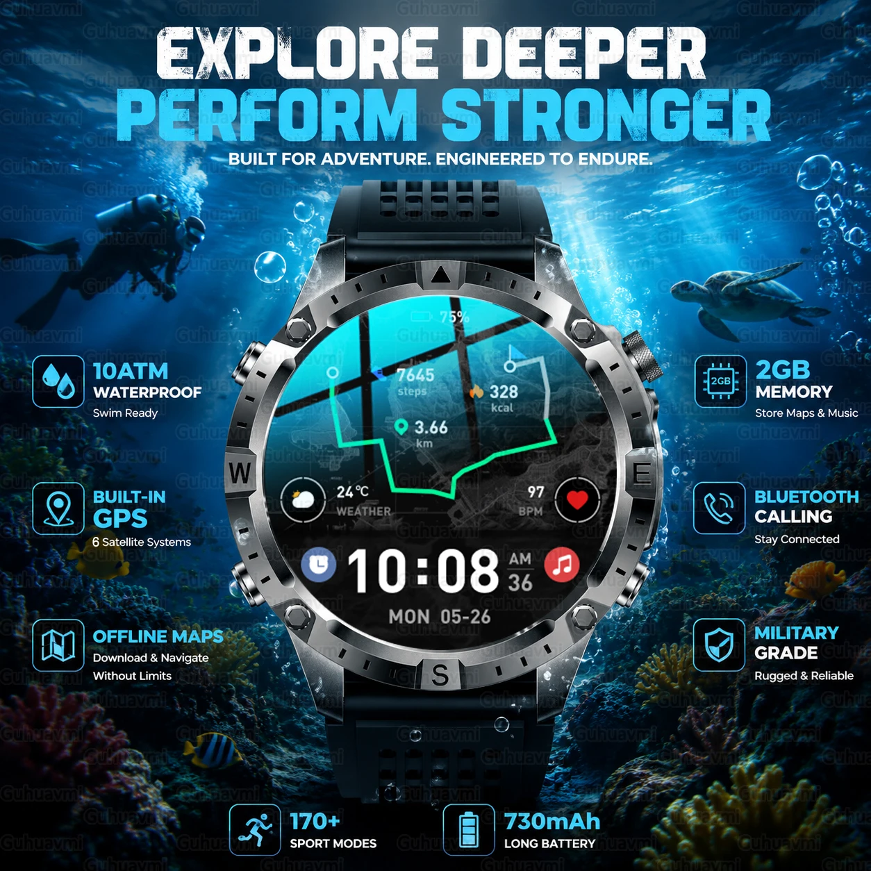 2026 NEW Outdoors GPS Smart Watch Dual Band GPS Compass 2GB RAM Offline Map 10ATM Waterproof Swim Heart Rate Military Smartwatch