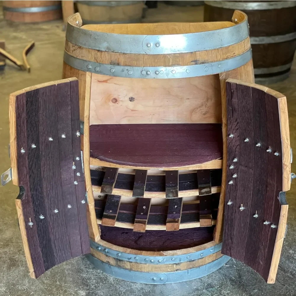 

1/2 Wine Barrel Storage Cabinet – Rustic Wooden Liquor Rack with Stave Design, Tabletop Display Shelf