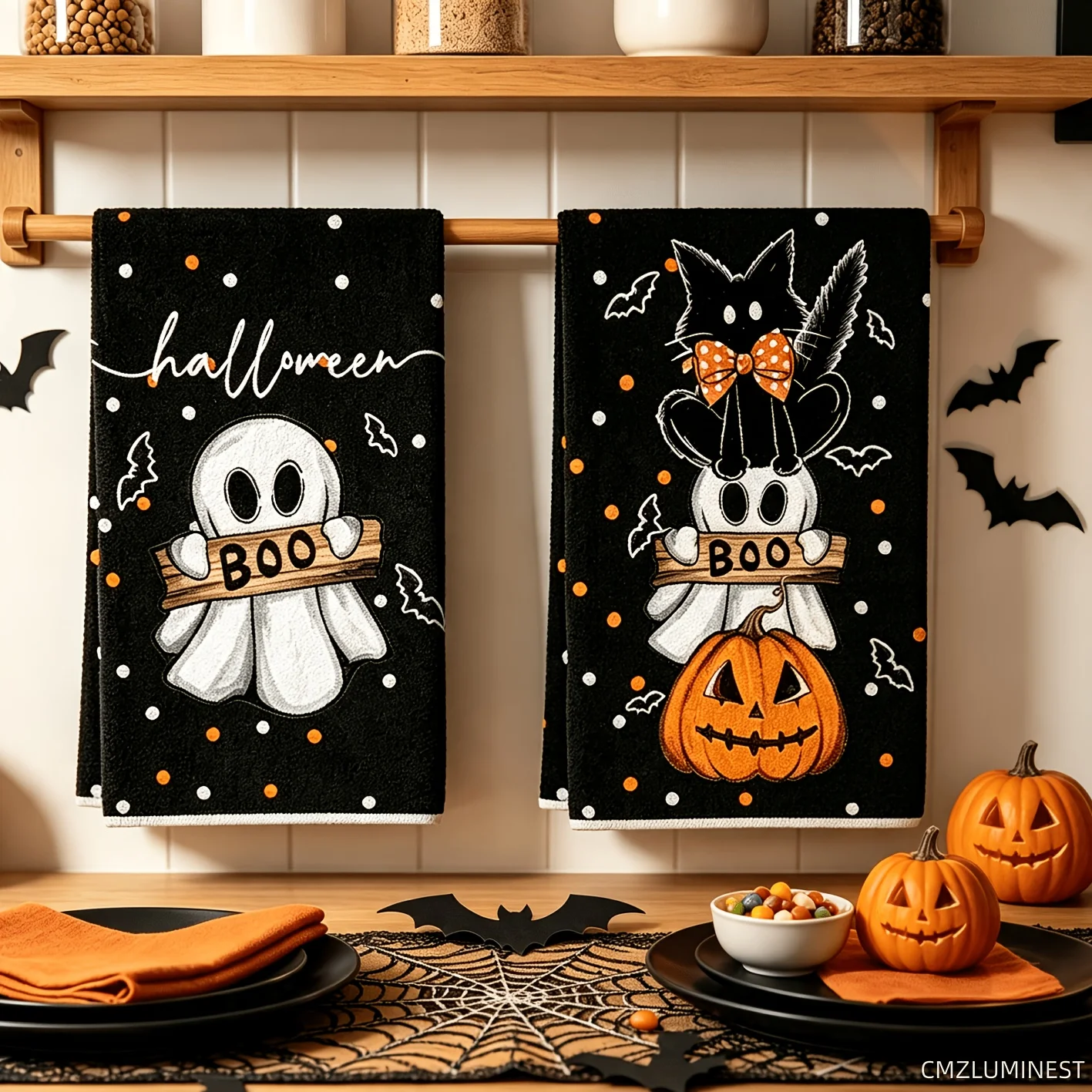 Halloween-themed kitchen towels, with ghosts, black cats, pumpkin patterns, Halloween home decoration, kitchen napkins