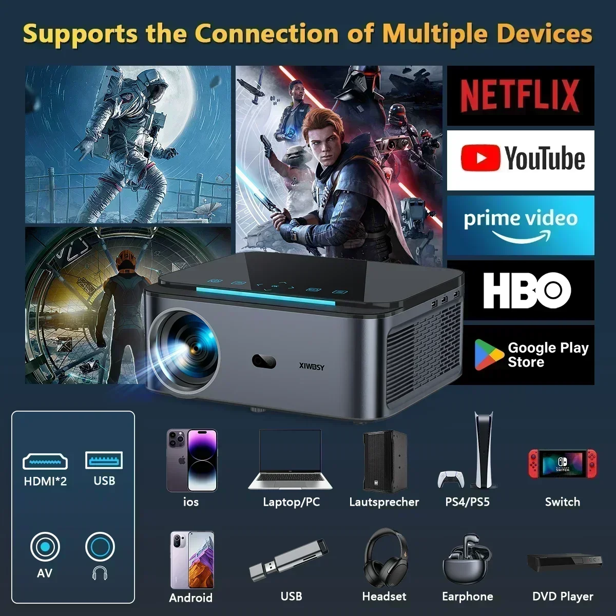 XIWBSY Proyector Full HD 1080P 25000 lúmenes Wifi6 8K Proyector Android 3D Smart Home Theater Proyector de cine Proyector al aire libre