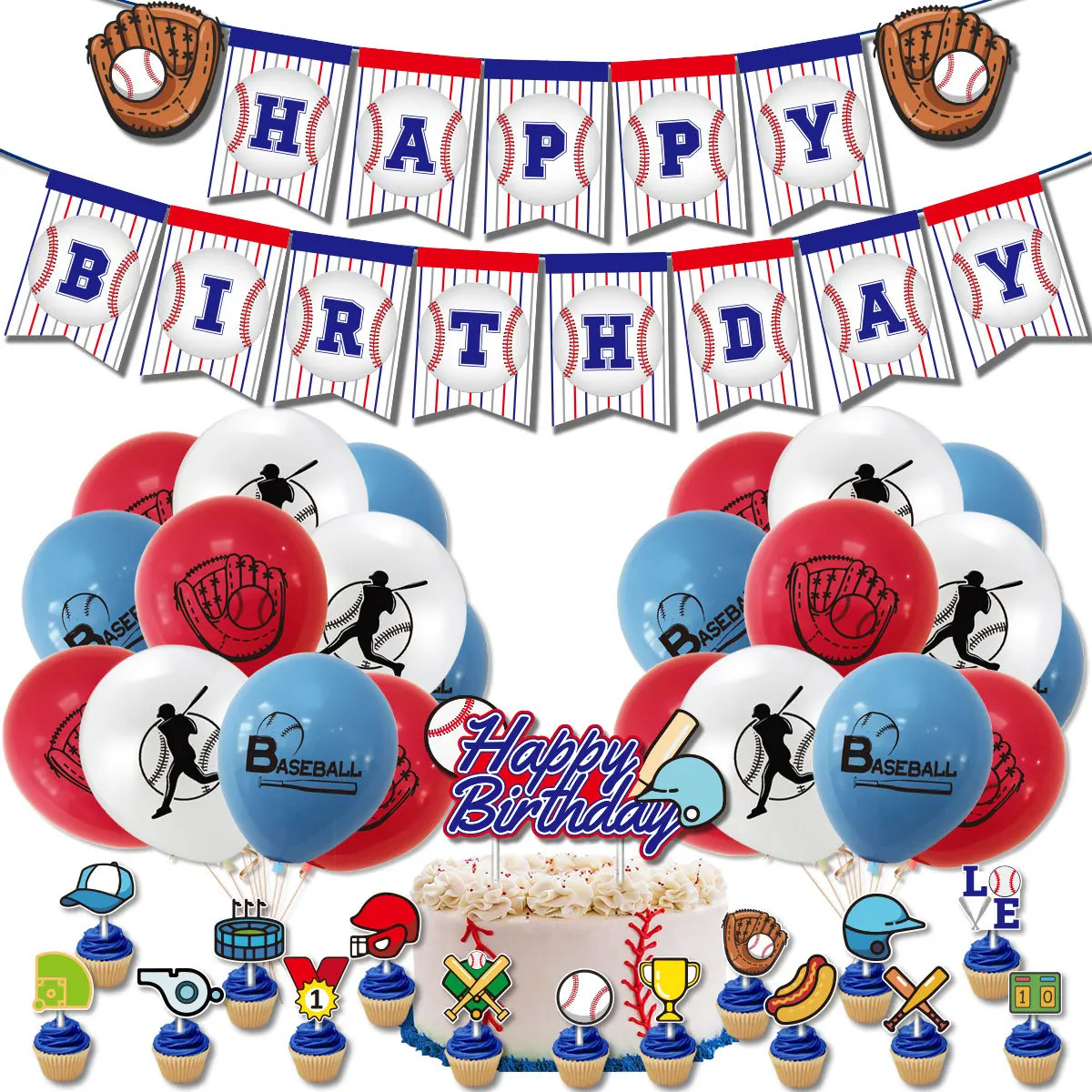 1set New Sports Baseball Theme Party Decoration Boy Latex Balloon Set Banner Cake Cupcake Topper Kids Birthday Party Supplies