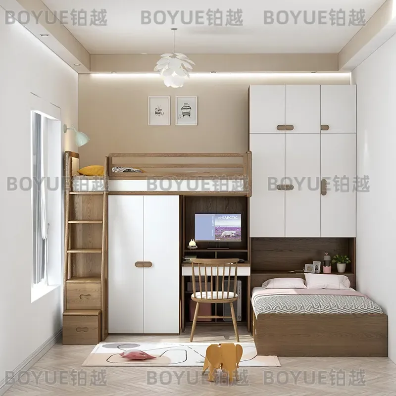 Ash Wood Staggered Bunk Bed with Desk and Wardrobe Solid Wood High Low Loft Bed for Kids Integrated Storage Sleeping