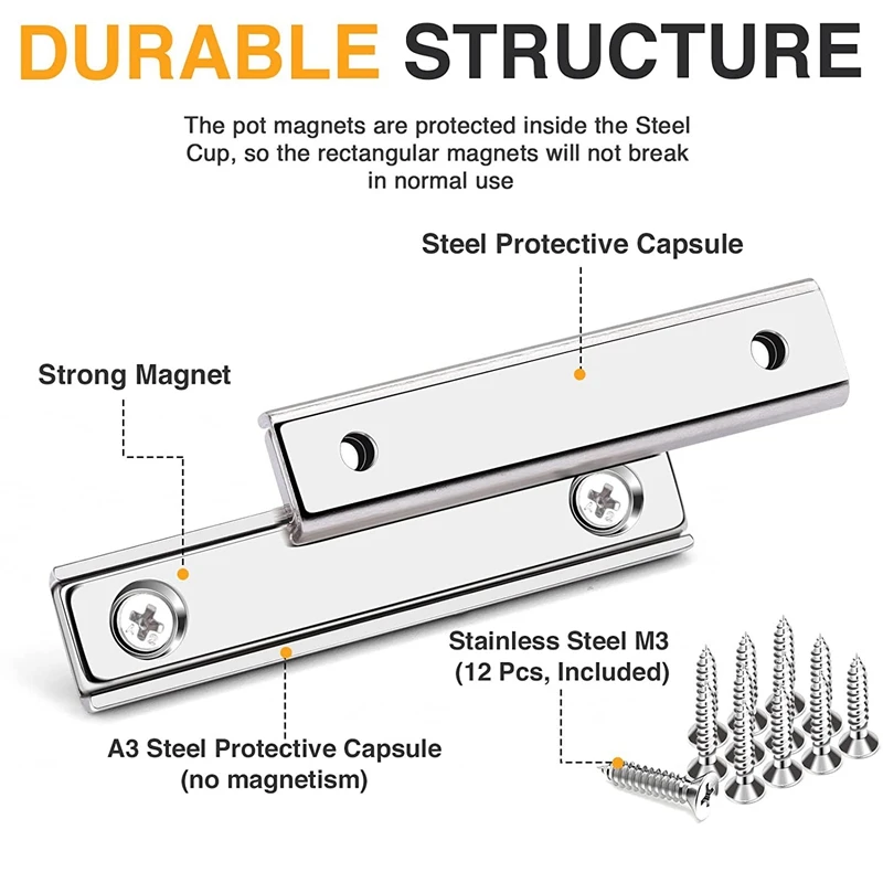 Neodymium Rectangular Magnets 70Lbs, Bar Magnets With Countersunk Hole And Steel Capsule, For Wall Mounting, Pack Of 6