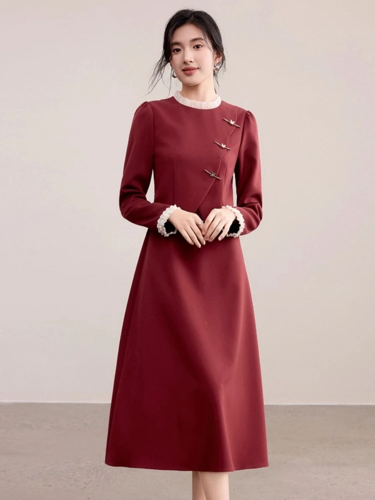 

SENTUBILA Women's Fake Two-Piece Dress Autumn 2025 Elegant Contrast Color Ruffle O-Neck Fake Placket A-Line Dress 153LI2751