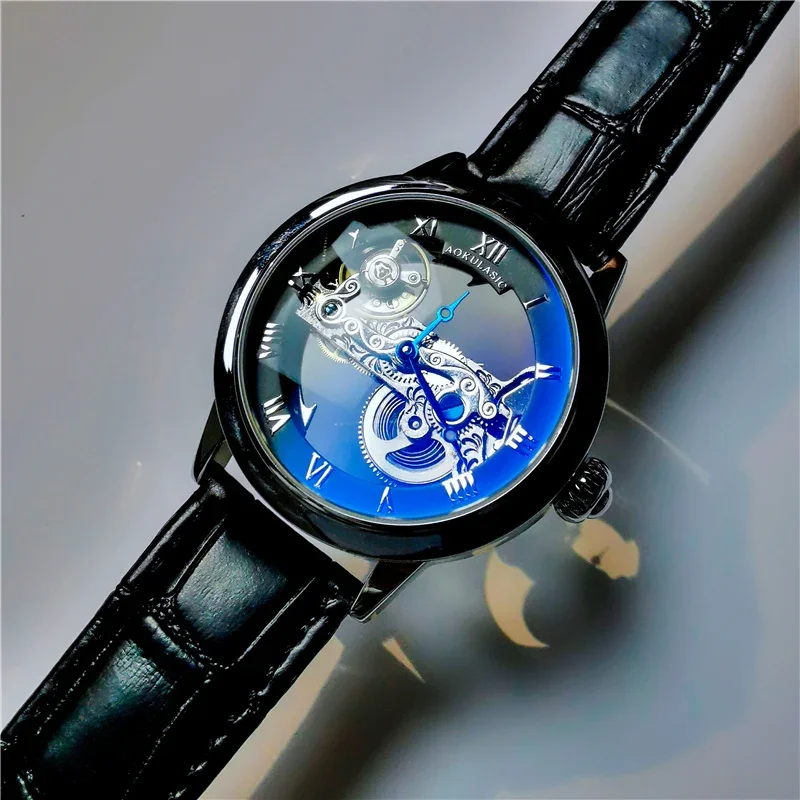 AOKULASIC Tourbillon Men Watch Automatic Mechanical Hollow Business Watches Male Clock Fashion Creative Unique Montre homme