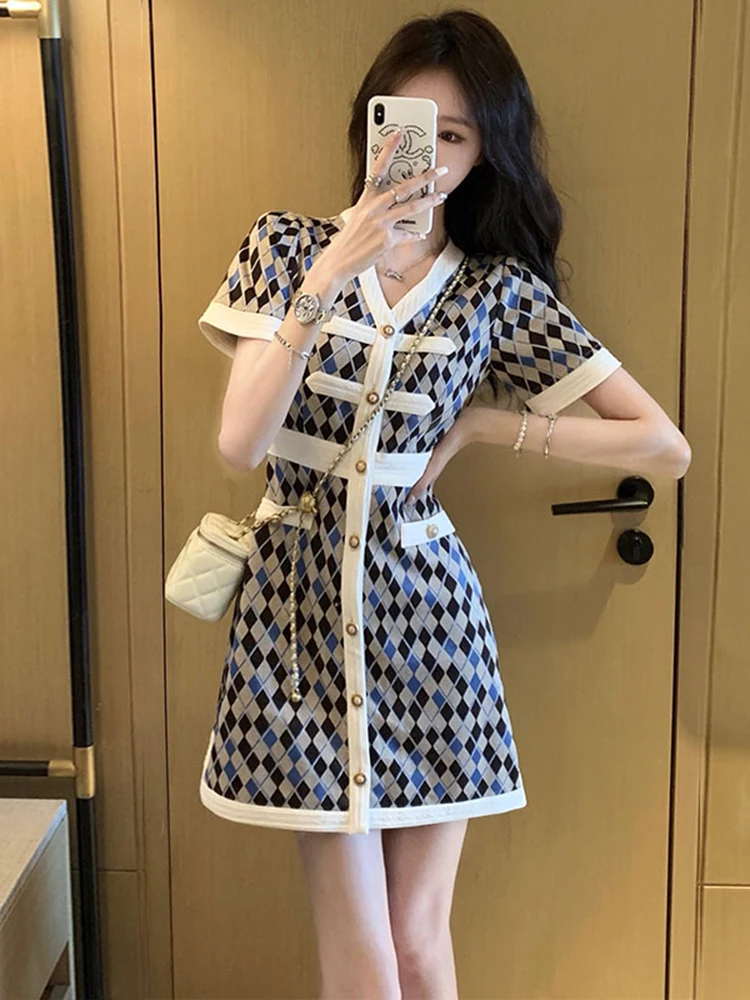 2023 Summer Vintage Small Fragrance Dresses For Women V-Neck Print Short Sleeve Dress Single Breasted Slim Waist Mini Dress