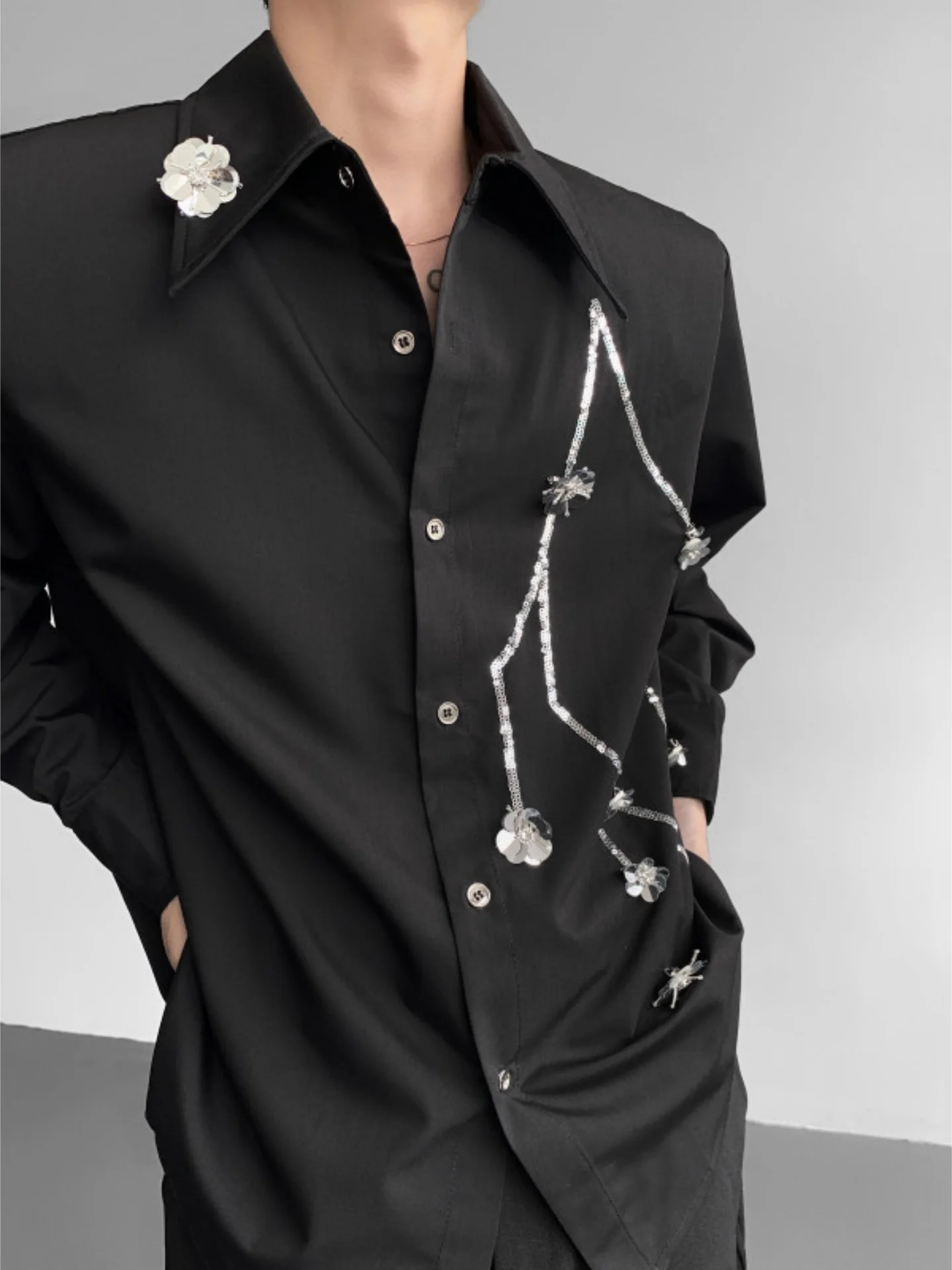 

Черная мужская рубашка с длинным рукавом, вышивкой, блестящими пайетками и 3D-цветами, элегантный модный осенний топ для выступлений