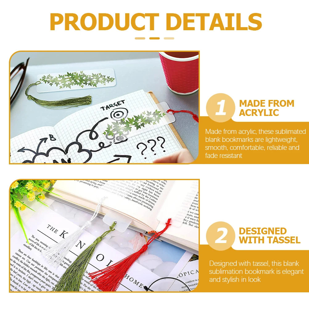 

15Pcs Sublimation Bookmark Blanks with Tassel and Hole Elegant Acrylic Heat Transfer Book Markers for DIY Art Crafts
