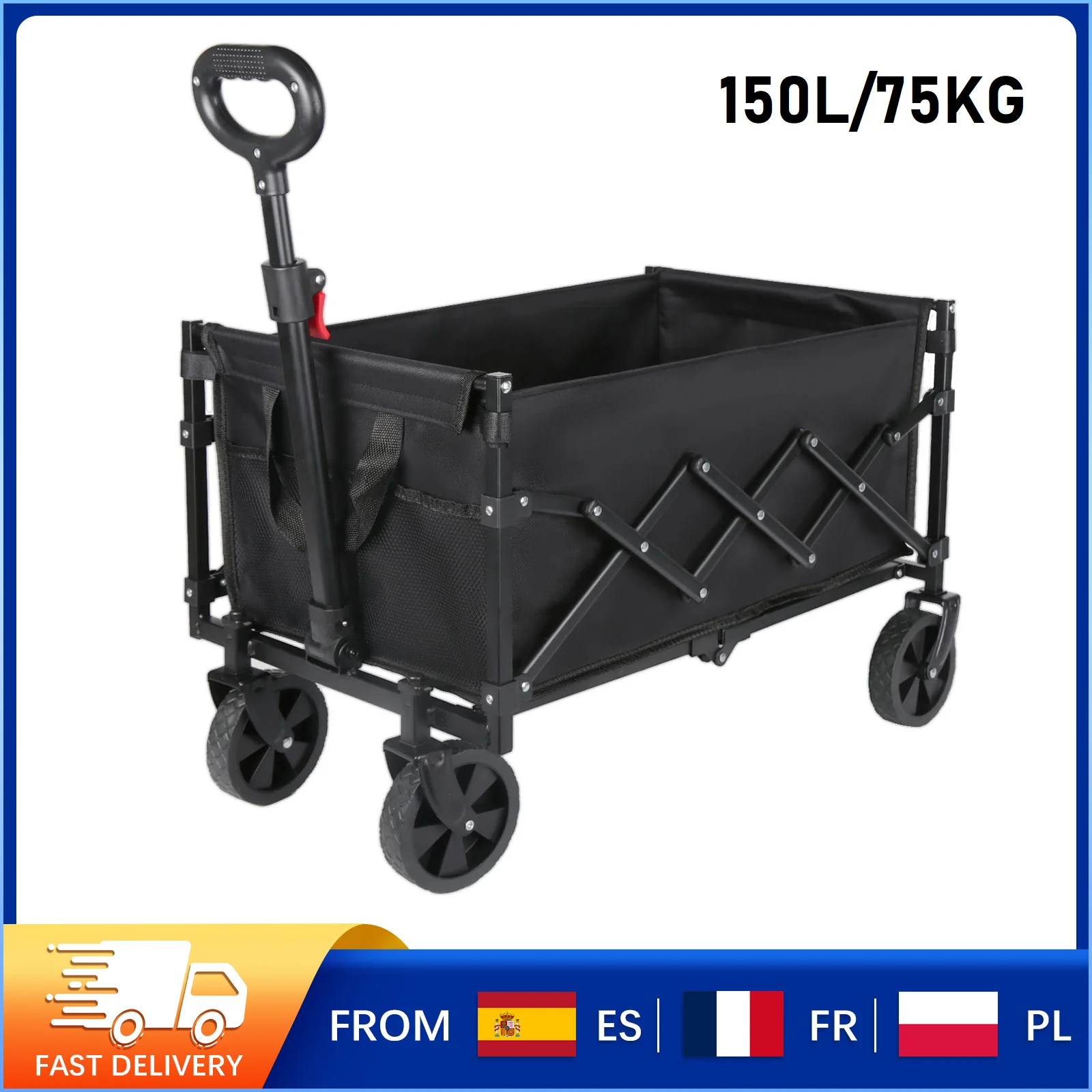 عربة تخييم محمولة قابلة للطي 100 لتر 75 كجم 165 رطل تحميل عالي التحمل 4 عجلات 360 درجة °   عربة سفر للنزهات على الشاطئ قابلة للدوران في الهواء الطلق