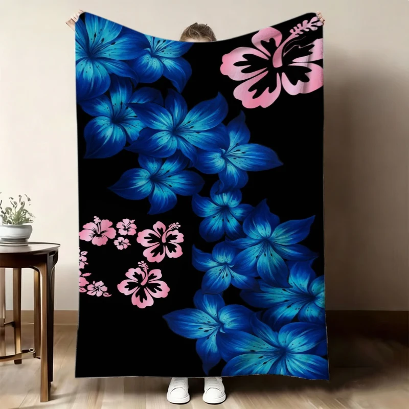 Black Background Blue Pink Hibiscus Fleece Blanket For Dramatic Bedroom Decor Lightweight Plush Throw Blanket Cover