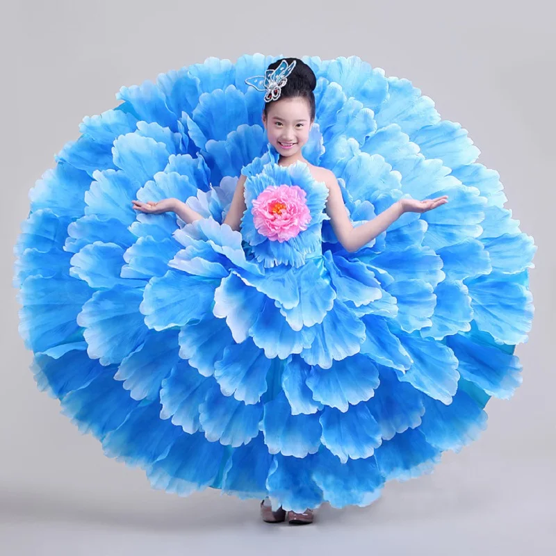 360/540/720 Degree Girl Flamenco Dance Dress Kids Flower Petal Dress Spanish Gypsy Large Swing Skirt Stage Performance Costume