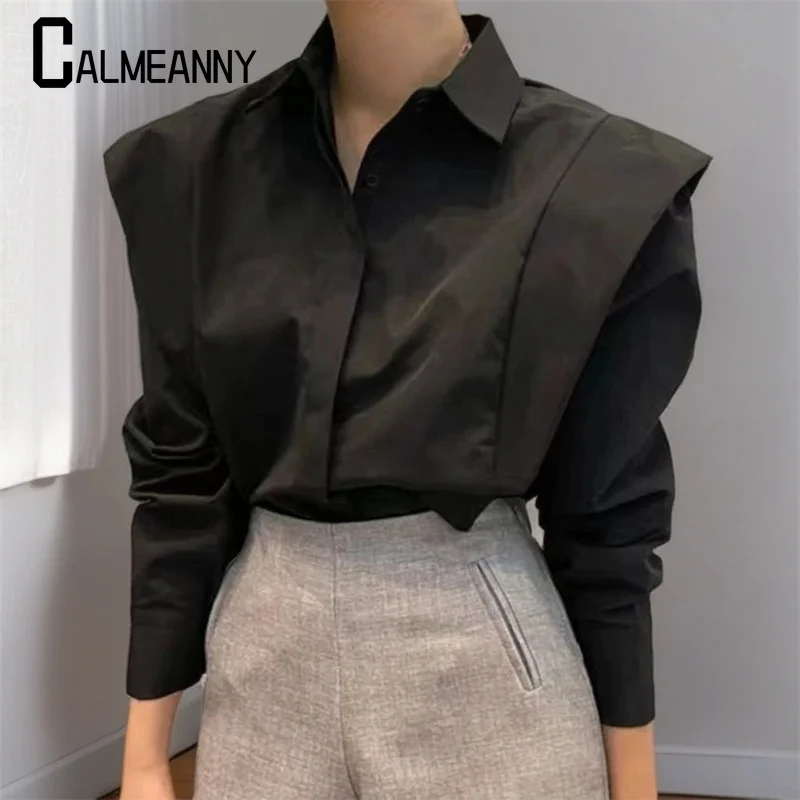 2023 Spring Blouses Vintage Simple Snap Closure Panel Ruffles Long Sleeve Leisure Shirt Solid Temperament Korean Women's Top