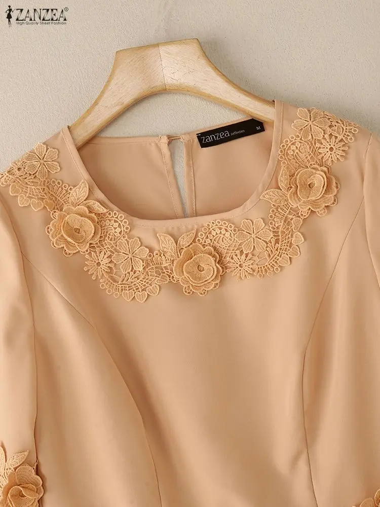 بلوزات نسائية أنيقة مرقعة من الدانتيل موضة الخريف من القماش برقبة مربعة 3/4 كم ملابس علوية بلون سادة ملابس نسائية من ZANZEA #3