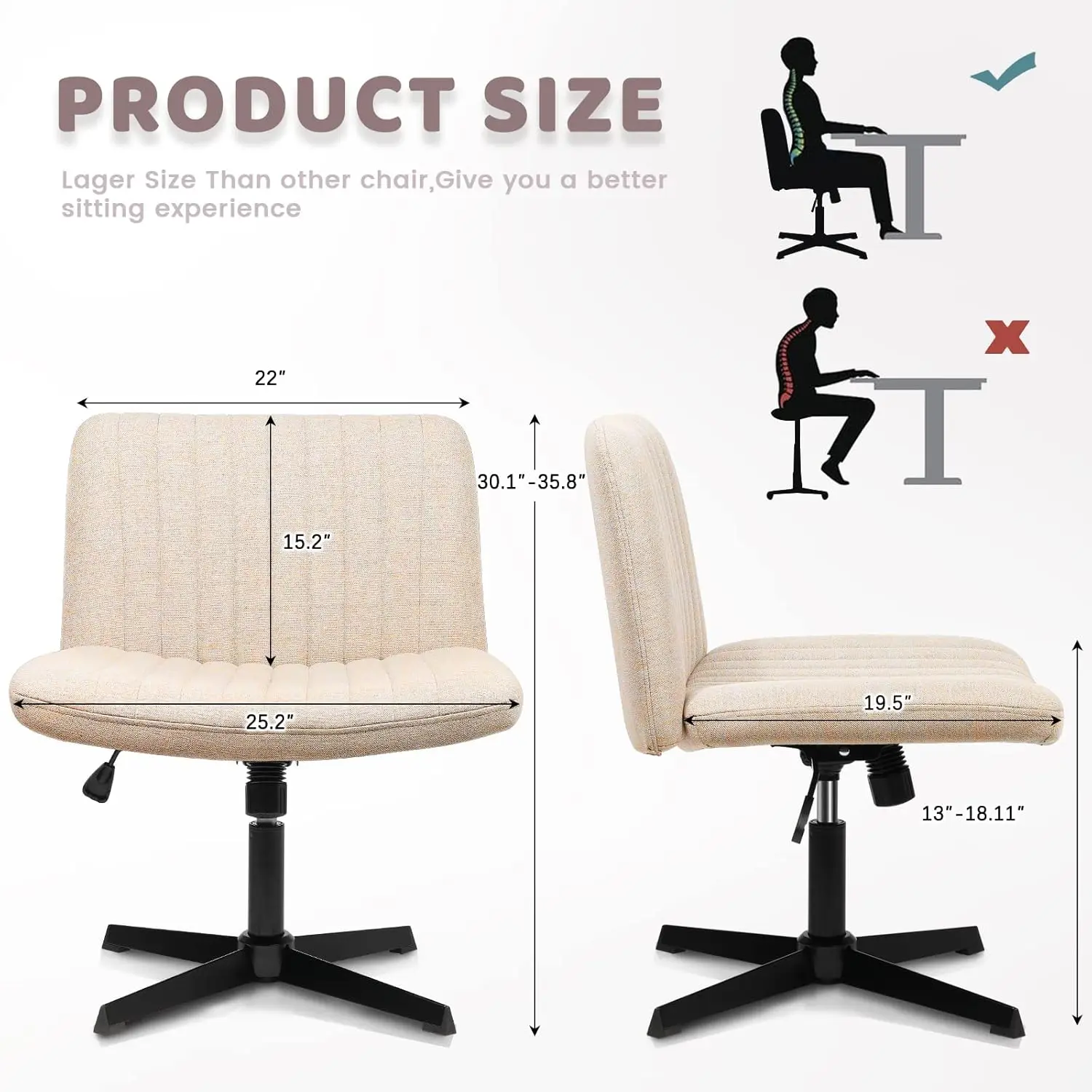 Desk Chair No Wheels, Armless Wide Swivel,120° Rocking Mid Back Ergonomic Computer Task Vanity Chairs for Office,