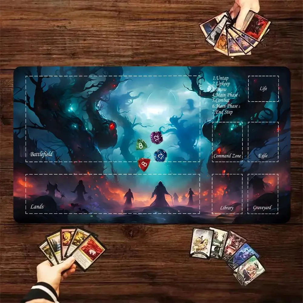 Large Dark Fantasy Magic Forest Playmat With Game Zones Anti‑Slip Rubber Base Extended Keyboard Mousepad for TCG Card Gaming