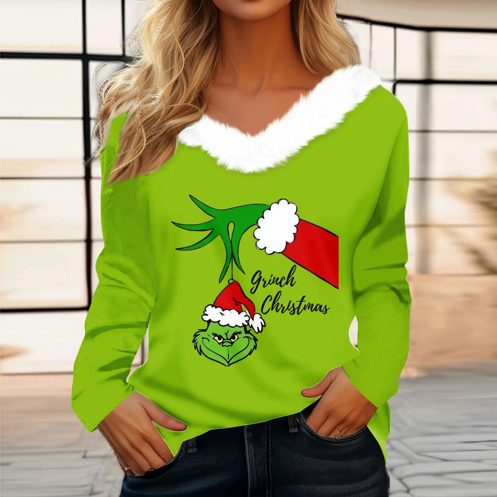 Women'S T Shirt Tee Christmas Shirt Long Sleeve Party Christmas Fleece Collar V Neck Top Ropa De Mujer Ofertas Con EnvíO Gratis