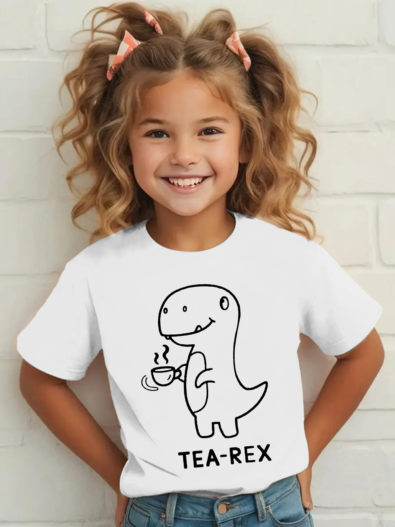 Boys Girls Family Matching Tee Simple Dinosaur Teacup Slogan Art Print Short Sleeve Soft Cotton Kids Daily Outdoor Outfit