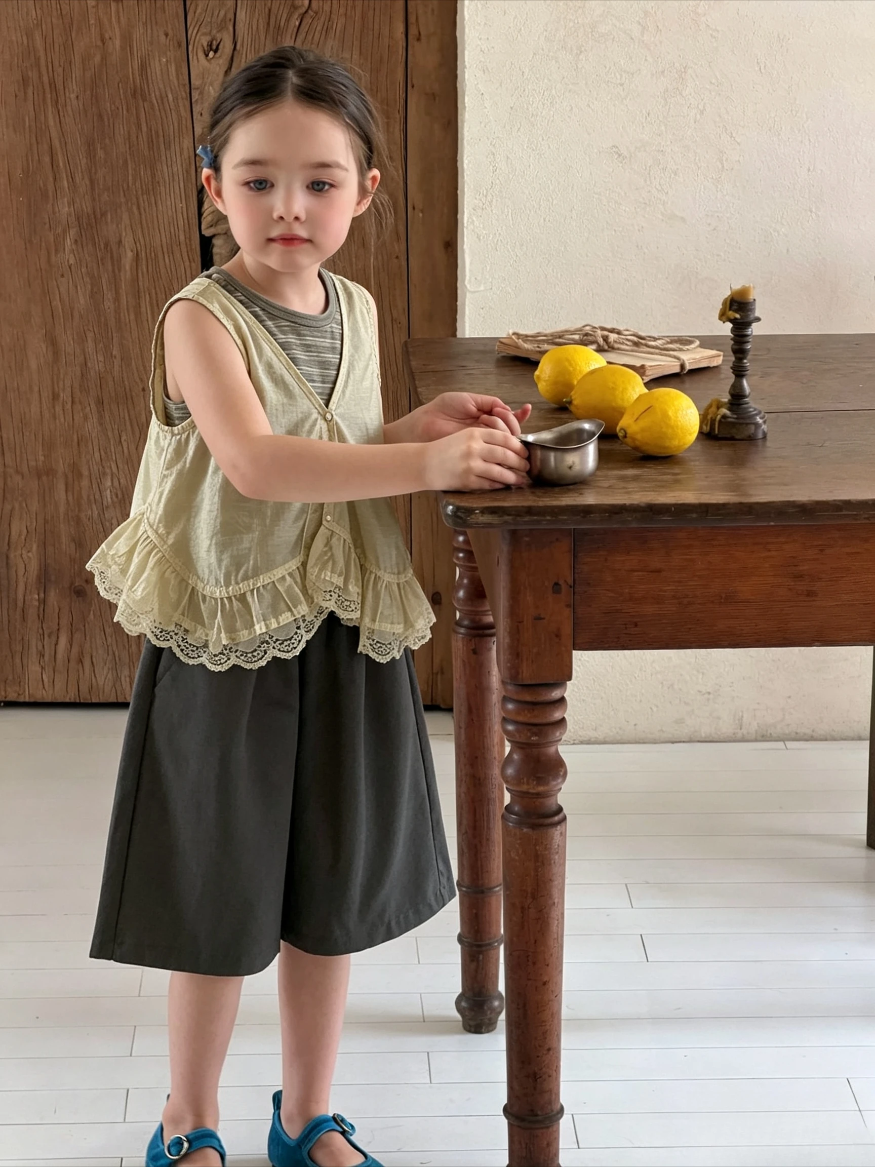 Girls Summer New Korean Striped Vest Lace Cover Up Two Piece Set Simple Versatile Casual Pants Three Piece Set Trendy