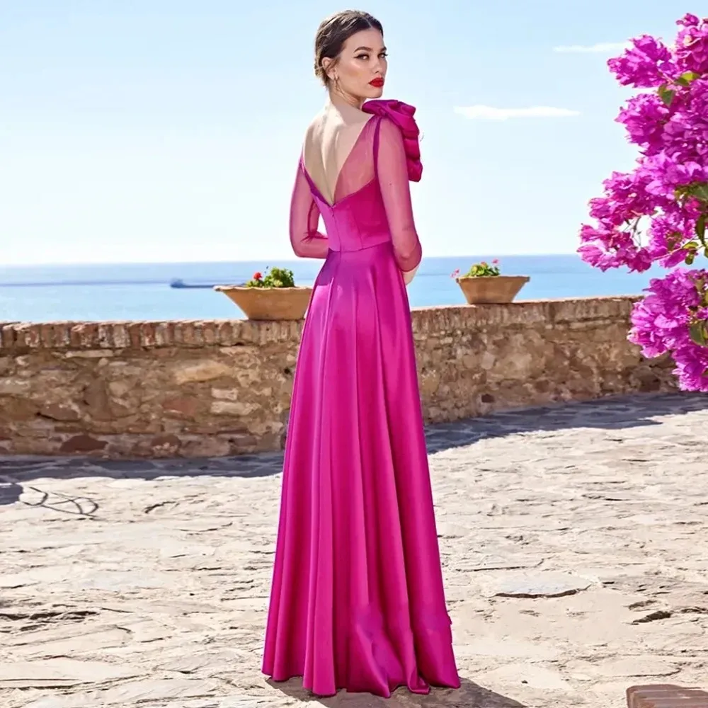 New Arrival Mother of The Bride Dress Fuchsia 3/4 Tulle Sleeves Scoop Flowers Front Slit Back Zipper Mom Wedding Guest Gowns