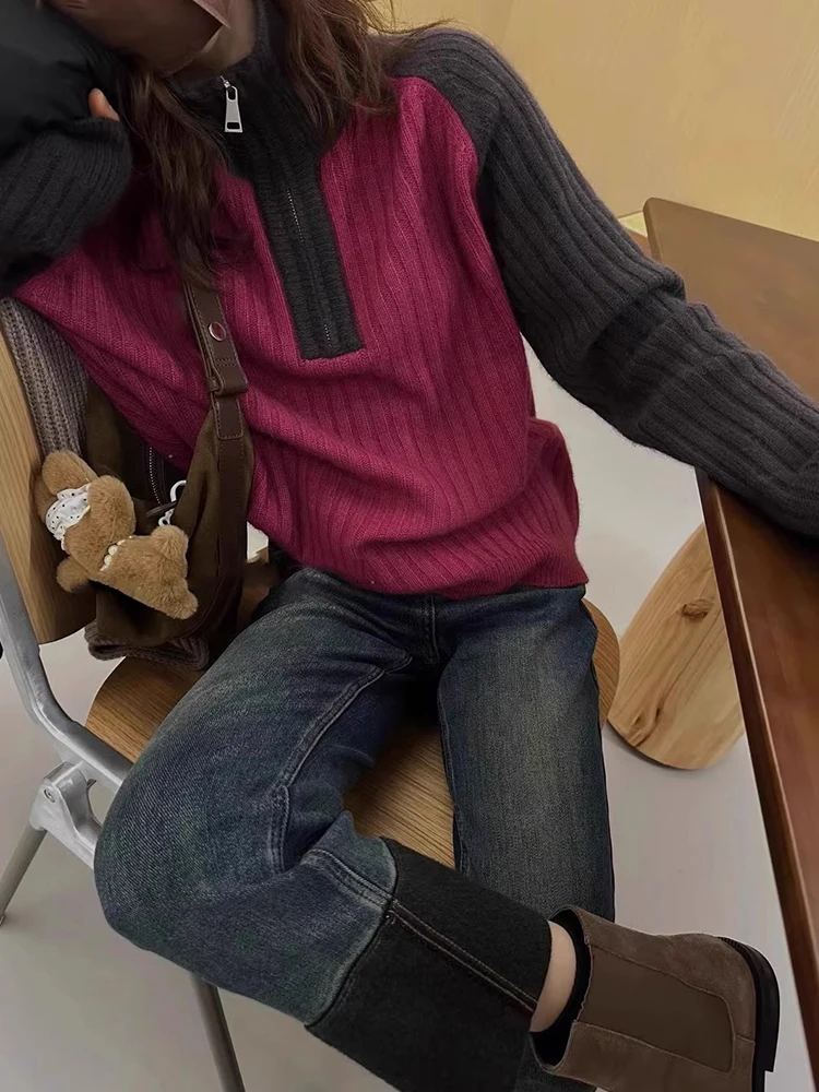 Suéter de punto de lana coreano Sle Color Blo oulder Sve diseño de otoño f Zip adelgazante Camere prendas de punto antienvejecimiento