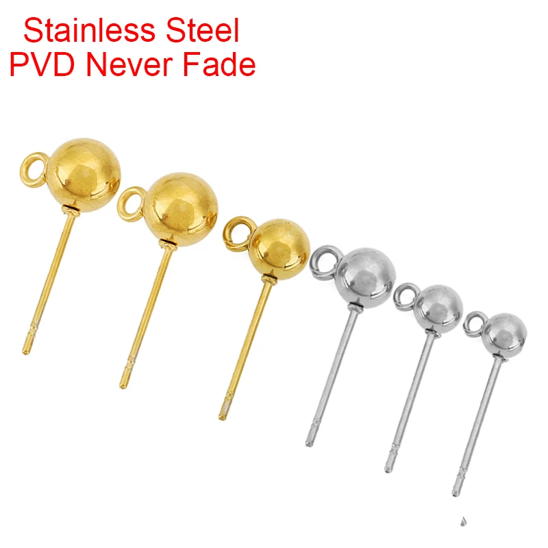 20pcs PVD Never Fade Stainless Steel Stud Earrings Post Pins With Loop 4 5 6 8 mm Earring Backs Making For Jewelry Accesorios