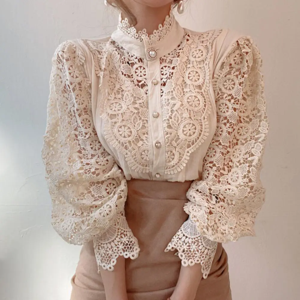 Women Lace Hollow Flower Shirt Women Shirt Stand Collar Lantern Long Sleeve Blouse Single Breasted Shirt Tops Solid Color Tops