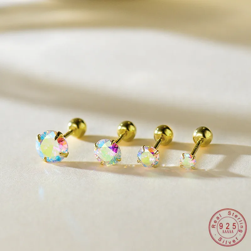 

925 Sterling Silver Beautifully Colored Zircon Geometry Mini Stud Earrings for Women Simple Temperament Jewelry Accessories