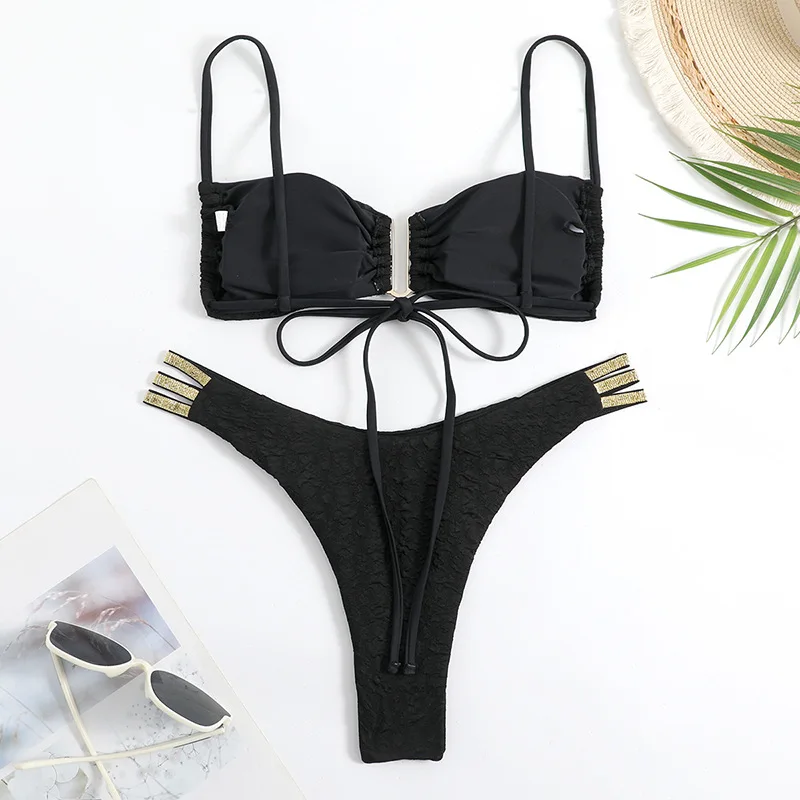 sexy wrinkled string patchwork mini bikini sets two pieces 2024 women thong swimsuit female bathing suit swimwear biquini