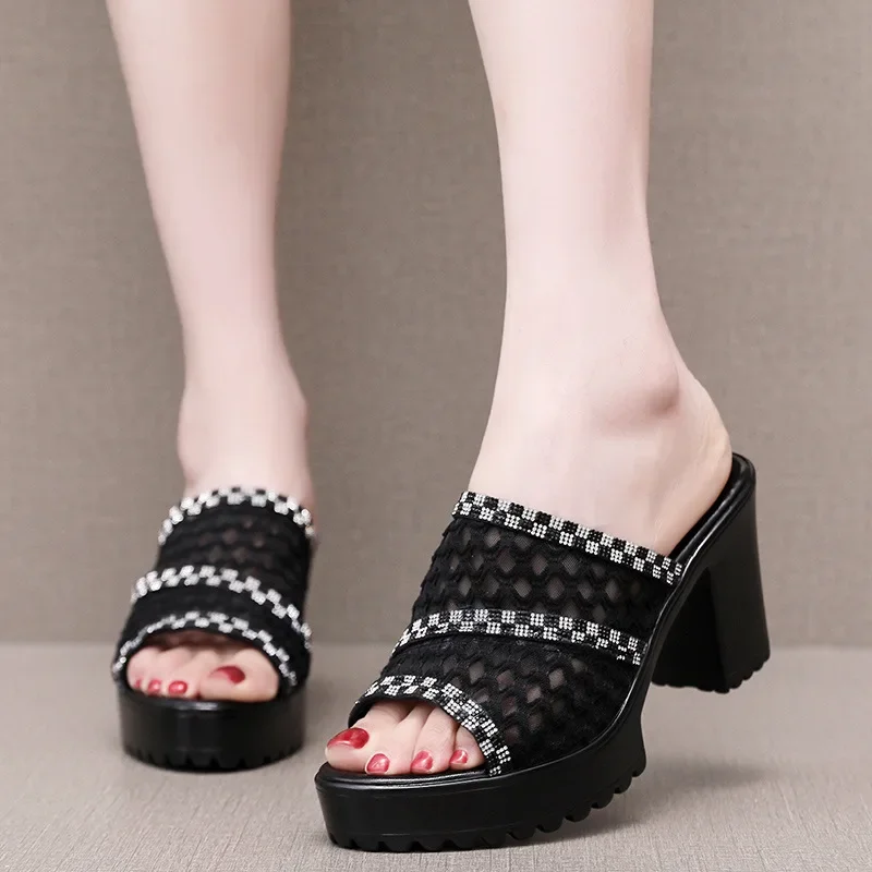 

2025 Sexy Lace Wedges Heeled Summer Slippers Ladies Shoes Peep Toe Women's Slipper Female Platform Thick High Heel Sandals 32-43