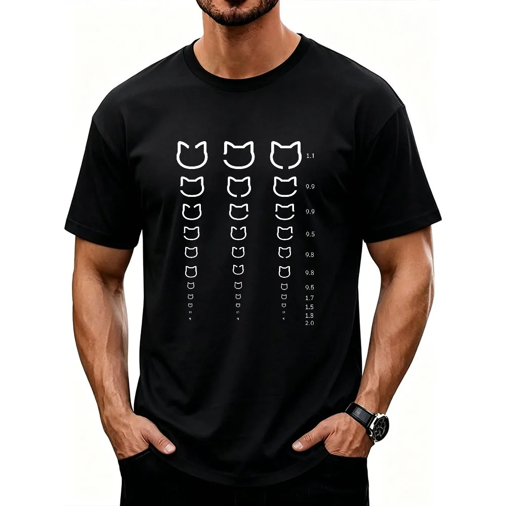 Funny Cat Owner Eye Exam T-Shirt Crew Neck Short Sleeve Slim Fit Black Vertical Columns Numerical Labels Cat Graphic T Shirts